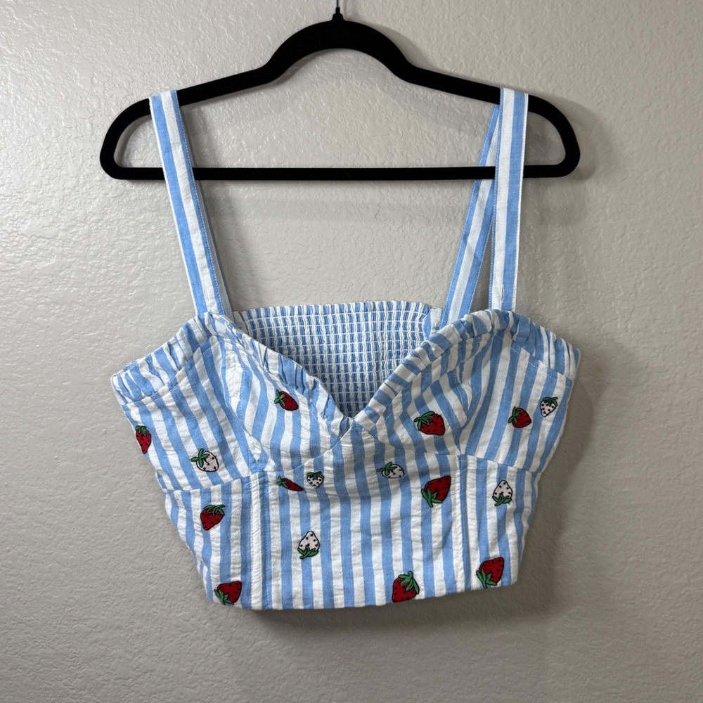 Maeve‎ Anthropologie Strawberry Embroidered Seersucker Crop Top Blue White 14P